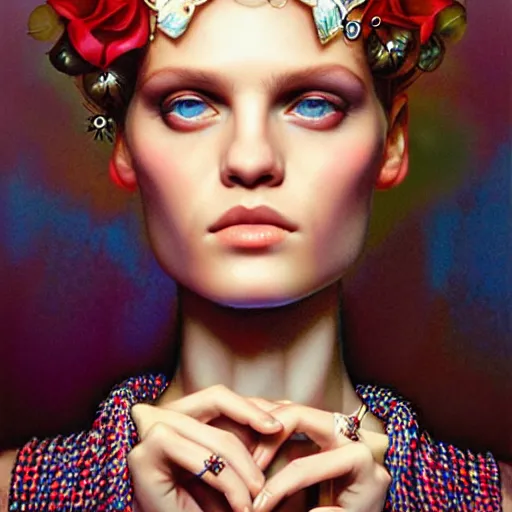 Image similar to portrait fashion editorial campaign by drew struzan, highly detailed