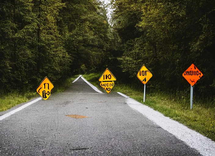 Image similar to photo still of two street signs on a country road shaped like arrows pointing left and right with the words left on one and right on the other, 8 k 8 5 mm f 5. 6