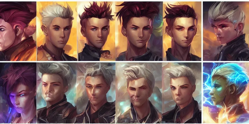 Image similar to concept art of young male netrunner d & d video game characters head designs, unique hair designs, by marc brunet and artgerm