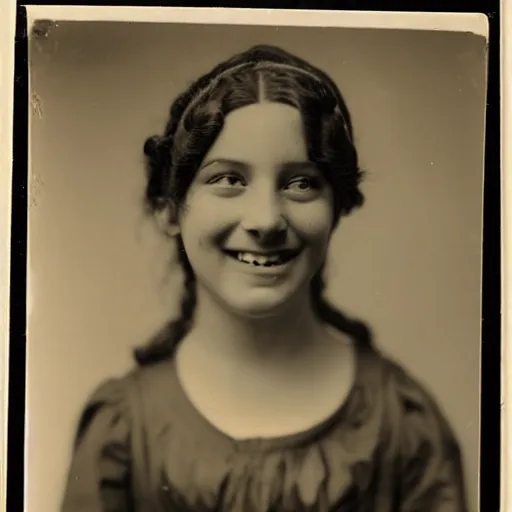 Image similar to antique black and white photograph of a beautiful girl, black hair, clear eyes, open smile, studio lighting, 1 8 7 6