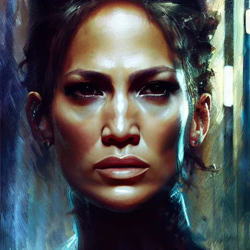 Image similar to jennifer lopez, hyperrealistic portrait, bladerunner street, art of elysium by jeremy mann and alphonse mucha, fantasy art, photo realistic, dynamic lighting, artstation, poster, volumetric lighting, very detailed face, 4 k, award winning