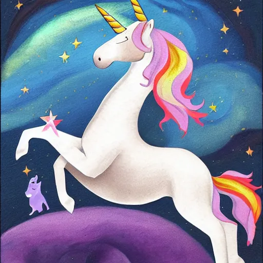 Image similar to dream : a fabulous landscape, a magical unicorn. a boy is sitting astride him. a cat is lying