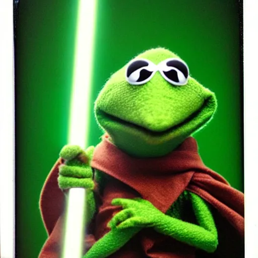 Image similar to Kermit the frog as Obi Wan, lightsaber lighting, polaroid photo, white frame, by Warhol,