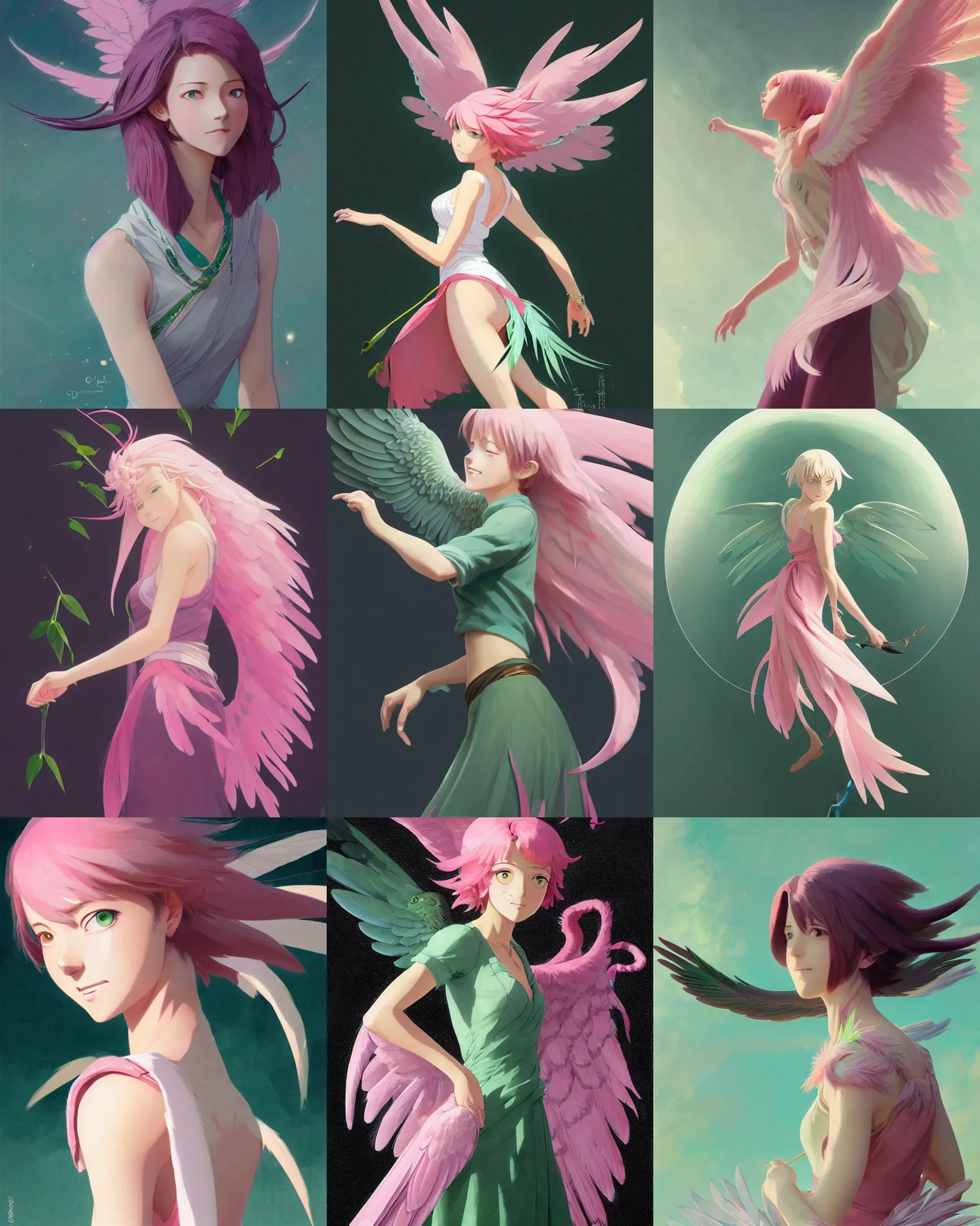 Prompt: happy young woman with wings, medium length pink hair, green feathers on arms, detailed perfect face, exquisite details, mid view, design on a black background, by studio muti, greg rutkowski makoto shinkai takashi takeuchi studio ghibli