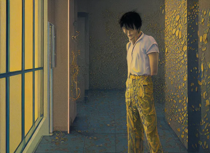 Image similar to portrait of man outside office building, bright ground, cynical realism, painterly, yoshitaka amano, miles johnston, moebius, beautiful lighting, miles johnston, klimt, tendrils, in the style of, louise zhang, victor charreton, james jean, two figures