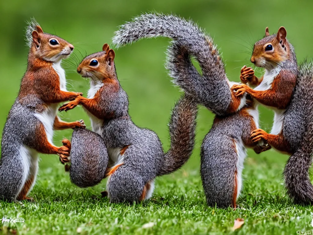 Prompt: two squirrels wrestling in our yard this morning, photograph