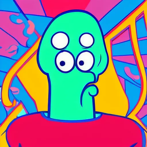 Image similar to cartoon network style, strong chin, handsome squidward portrait, vivid colors