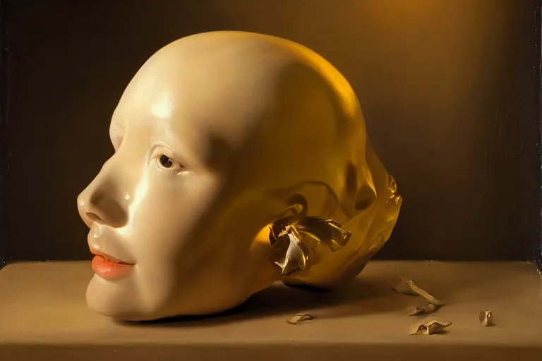 Prompt: still life painting of a melting glass mannequin head by pieter claesz, oil on canvas, strong lighting, highly detailed, hyper realism, golden hour, god rays, hd, 4 k