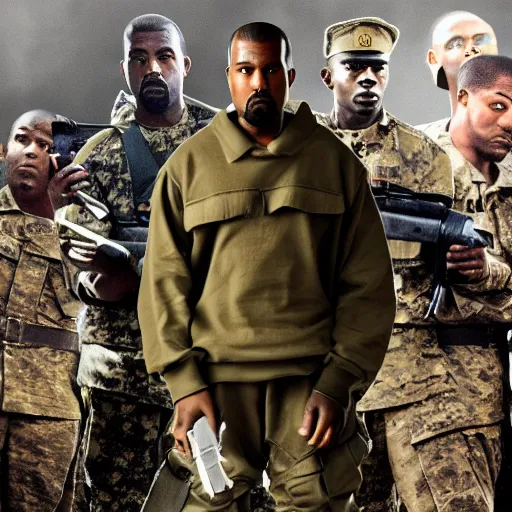 Image similar to Kanye West as a soldier in Chiraq, award winning historical photograph