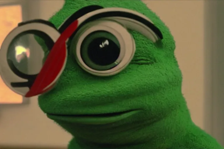 Prompt: pepe frog in the frame of thriller film, long shot, filming, high quality, hd, 4 k, vhs, cinematic, warner, hbo, cinema frame, screenshot