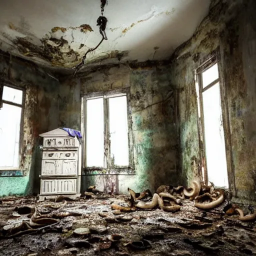 Prompt: a room in a creepy, dilapidated house filled with mushrooms and the decaying bodies of ancient warriors