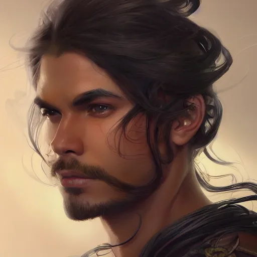 Image similar to beautiful, strong, mixed race, long hair, male, face, head shot, fantasy, highly detailed, digital painting, artstation, concept art, smooth, sharp focus, illustration, art by artgerm and greg rutkowski and alphonse mucha