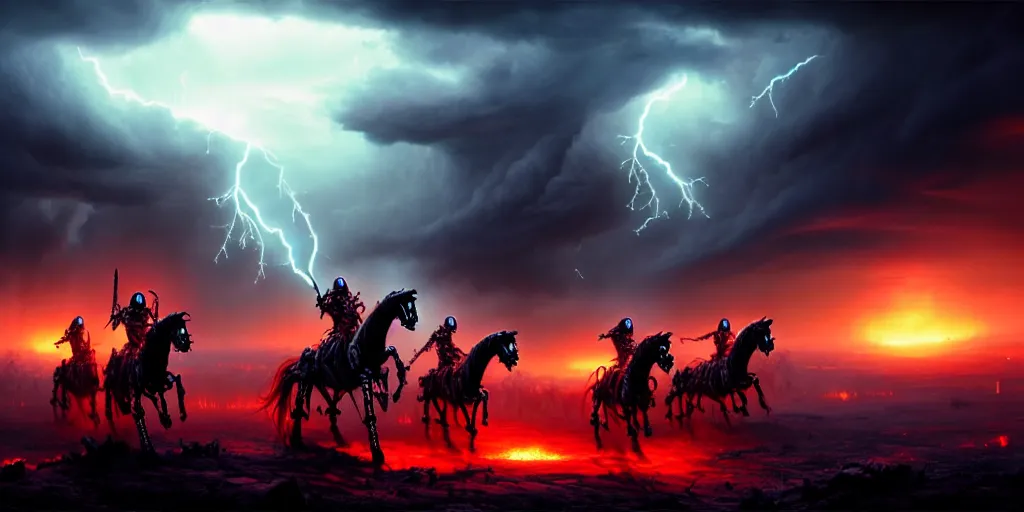 Image similar to ”four horsemen of the apocalypse riding skeleton horses towards the camera [epic, cinematic, scary, intimidating, horror, war, battle, hell, storm clouds, lightning, octane render, 8k, mattepainting, art by wlop and paul lehr and greg rutkowski]”