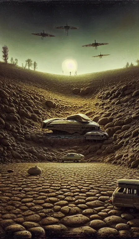 Prompt: the crash site by gregory crewdson and ivan shishkin and zacharias aagaard and simon stalenhag and escher, spaceship in a dry river bed, barren desert landscape, chiaroscuro, tonalism, sfumato, high saturation, high contrast, vibrant, highly intricate details, dusty