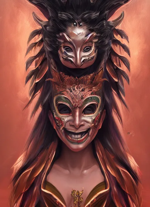 Prompt: a beautiful detailed oil on copper art illustration of a japanese shityome mask devil woman, the mask is broken, centered, by charlie bowater, zeng fanzh, trending on artstation, dim dusk lighting, cinematic lighting, detailed lighting, volumetric lighting, realistic, f 8, 4 k hd wallpaper