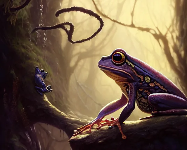 Prompt: highly detailed portrait of a fantasy anthro frog mage, elden ring, stephen bliss, unreal engine, fantasy art by greg rutkowski, loish, rhads, ferdinand knab, makoto shinkai and lois van baarle, ilya kuvshinov, rossdraws, tom bagshaw, global illumination, radiant light, detailed and intricate environment