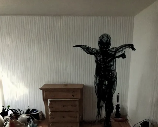 Prompt: transparent horror spirit attacks in living room lights out interior photos shot on iphone, dynamic pose, full body shot, sharp focus, grainy, corpse, paranormal flashlight, deep night,,