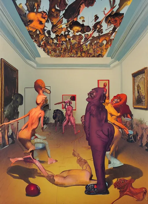 Prompt: anish kapoor exhibition in the style of francis bacon, surreal forest, norman rockwell and james jean, greg hildebrandt, and mark brooks, triadic color scheme, by greg rutkowski, in the style of francis bacon and syd mead and edward hopper and norman rockwell and beksinski, dark surrealism, open ceiling