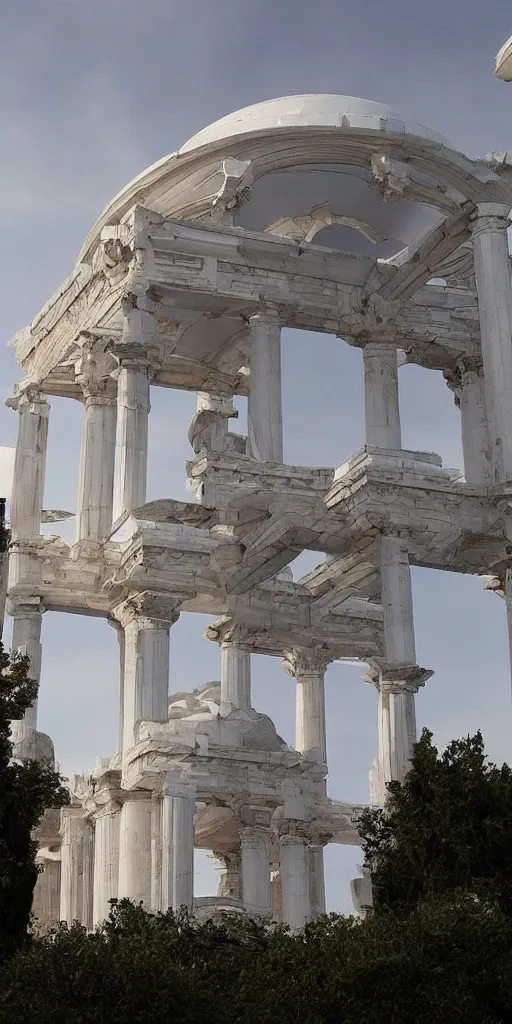 Prompt: a futuristic baroque greek temple made of chrome