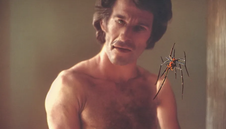 Prompt: 7 0 s movie still of a man with spider in chest, cinestill 8 0 0 t 3 5 mm eastmancolor, heavy grain, high quality, high detail