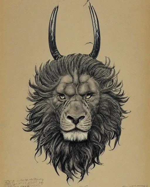 Image similar to a creature with the body and eyes of a man, with the beak of an eagle, the mane of a lion, and the horn of a bull. drawn by moebius