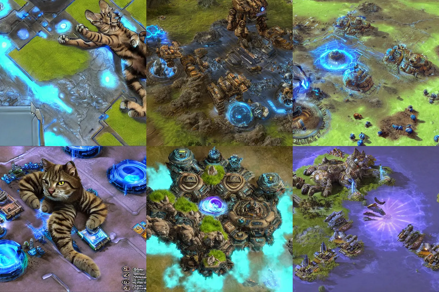 Prompt: a giant cat sitting on a Starcraft 2 map