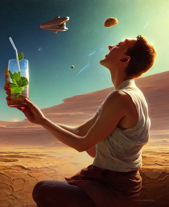 Image similar to elon musk sipping mojito on mars, mottled coloring, adorable, childlike, pastoral environment, ultra realistic, concept art, art nouveau, photorealistic, octane render, 8 k, unreal engine. art by christopher marley and artgerm and greg rutkowski and alphonse mucha