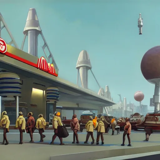 Image similar to intricately detailed ralph mcquarrie concept art of a futuristic mcdonalds with the golden arches displayed. a space station is seen off in the distance with various droids and people walking in the foreground. a trooper is seen holding a brown mcdonalds bag.