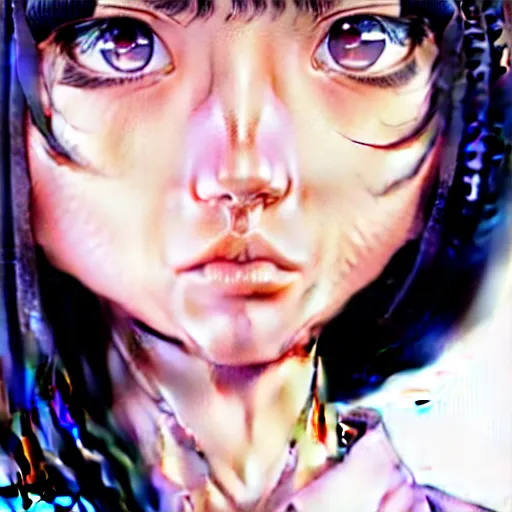 Image similar to depicting an extreme close up face of a dainty young truant female stoner prep highschool school student with medium length silky straight iridescent black hair and lightly suntanned skin, illustrated by Artgerm and Range Murata.