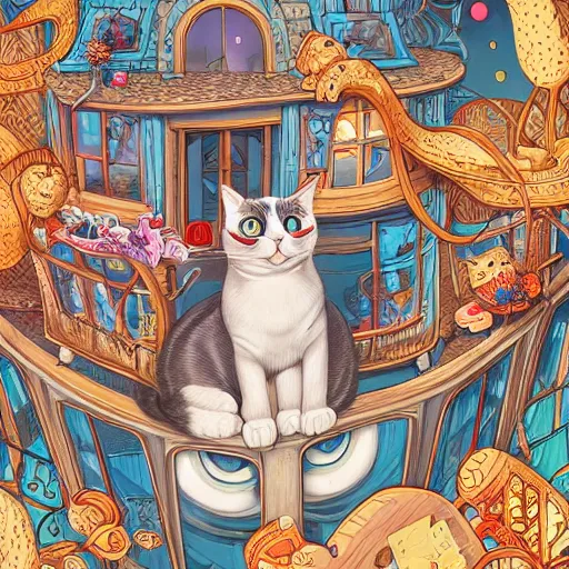 Prompt: crazy cat house, extremely detailed, sharp focus, wide view, full body shot, smooth, digital illustration, by james jean, by rossdraws, frank franzzeta, sakimichan