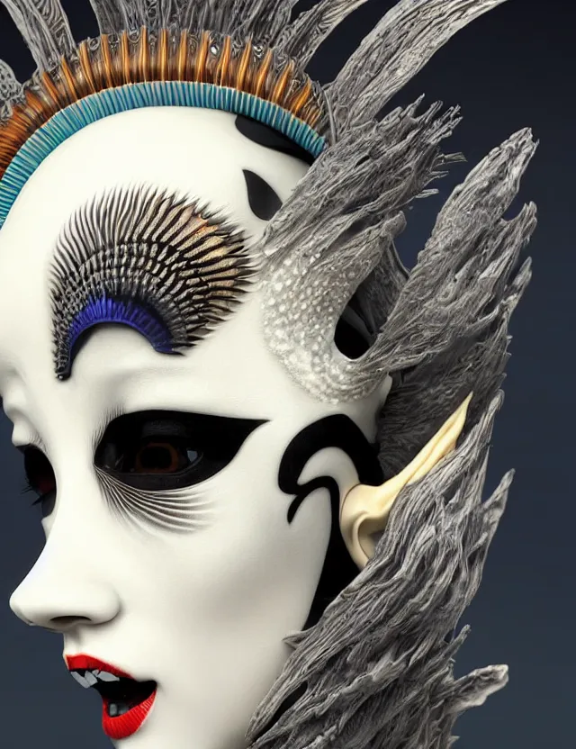 Image similar to 3 d goddess close - up profile simple portrait punk with mohawk with goat skull. beautiful intricately detailed japanese crow kitsune mask and clasical japanese kimono. betta fish, jellyfish phoenix, bio luminescent, plasma, ice, water, wind, creature, artwork by tooth wu and wlop and beeple and greg rutkowski