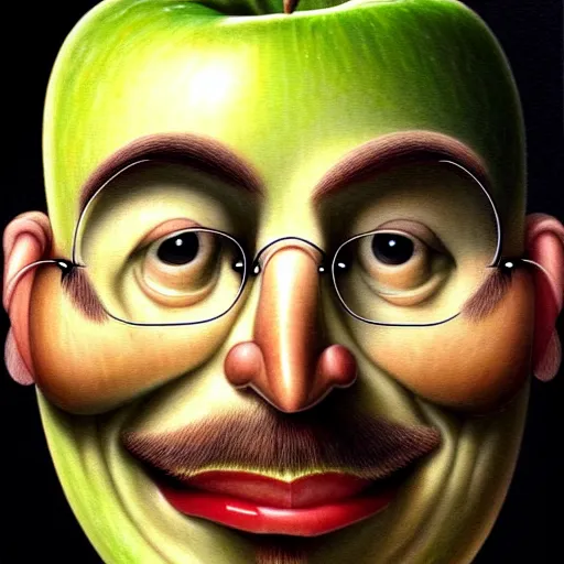 Image similar to a pile of apples, apples, apples arranged in the shape of a face resembling steve jobs, apples, fantasy, intricate, elegant, highly detailed, lifelike, photorealistic, digital painting, artstation, illustration, smooth, sharp focus, art by giuseppe arcimboldo