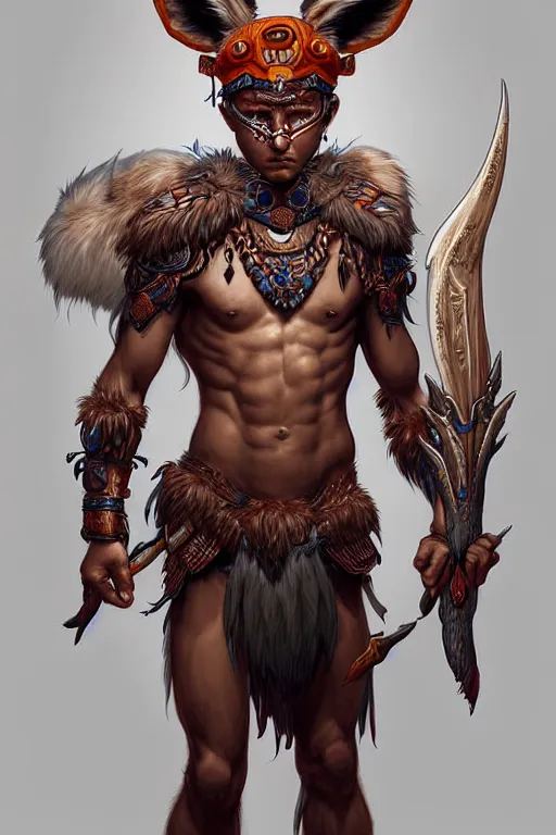 Image similar to digital art, centered full body of an Warrior boy with fox headdress ,intricate, veins, by James Jean and by artgerm , by ross tran, ultradetailed, charachter design, concept art, trending on artstation,