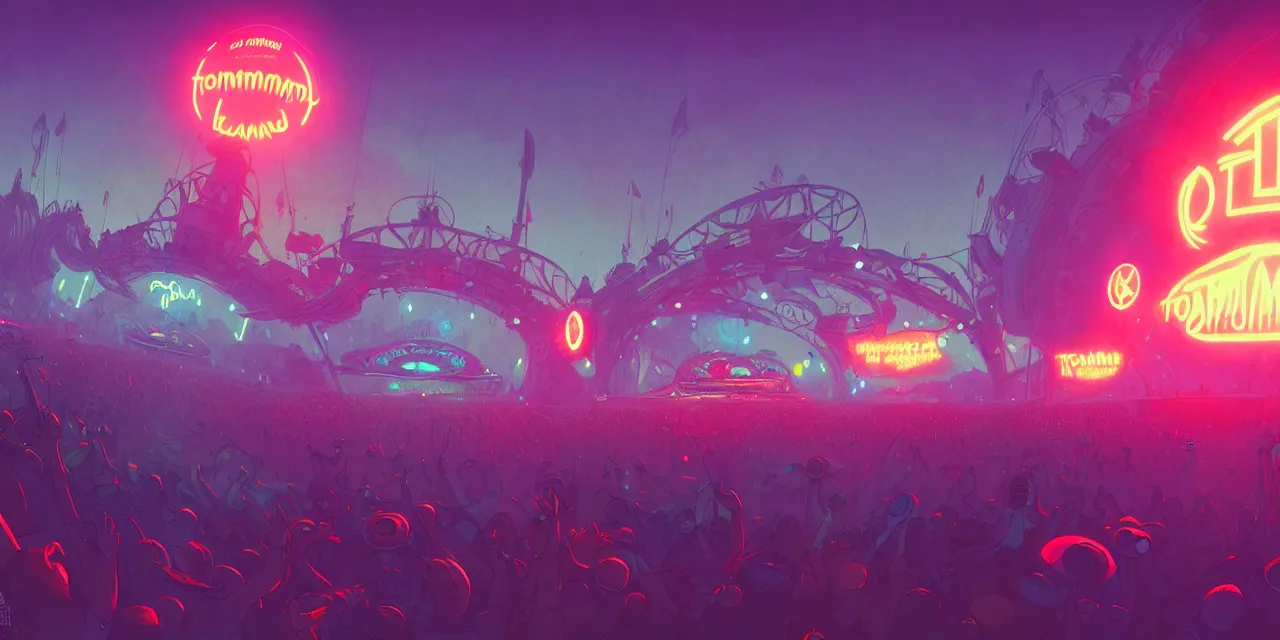 Image similar to tomorrowland, hyper - realistic detailed music festival stage, by atey ghailan, by greg rutkowski, by greg tocchini, by james gilleard, by joe fenton, by kaethe butcher, dynamic lighting, neon cinematic lighting color scheme, white lighting, grunge aesthetic