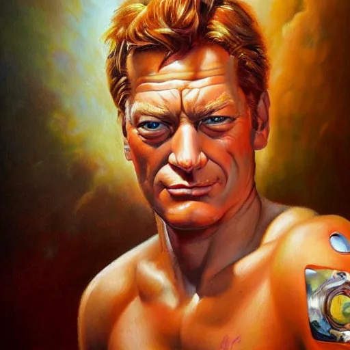 Image similar to detailed portrait of fry futurama intricate, hyper detailed, realistic, oil painting, by julie bell, frank frazetta, cinematic lighting