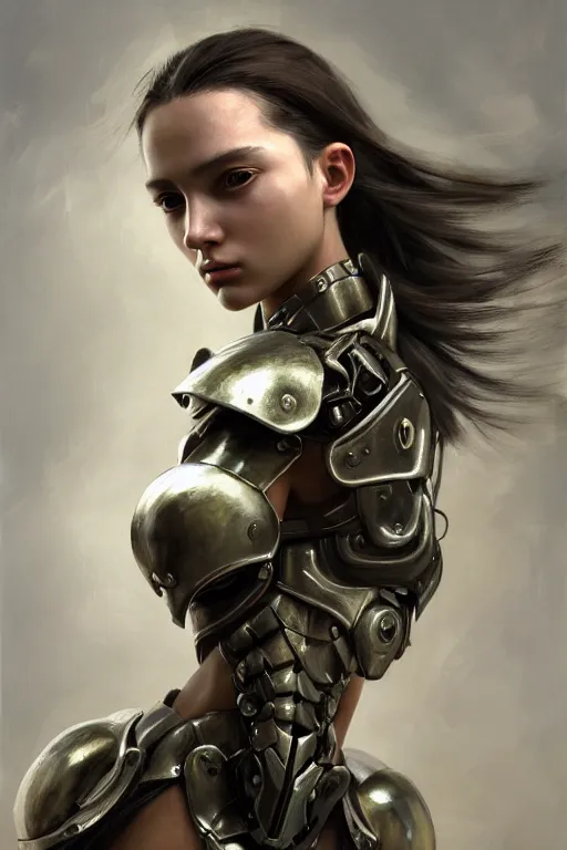 Image similar to a photorealistic painting of an attractive young girl, partially clothed in dull metal-plated battle armor, olive skin, long dark hair, beautiful bone structure, symmetric facial features, perfect eyes, natural physique, intricate, elegant, digital painting, concept art, finely detailed, illustration, sharp focus, minimal artifacts, from Metal Gear, by Ruan Jia and Mandy Jurgens and Artgerm and William-Adolphe Bouguerea, in the style of Greg Rutkowski, trending on Artstation, award winning