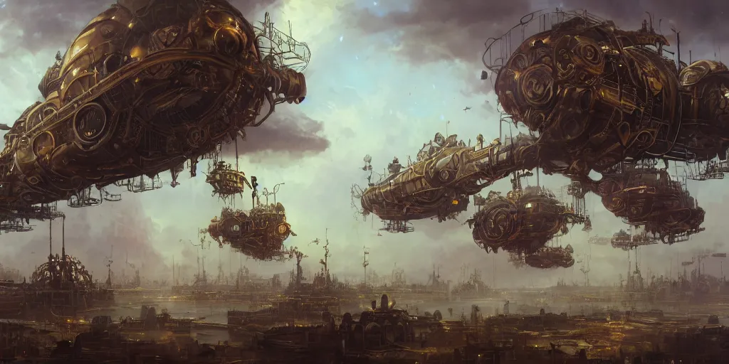 Prompt: a landscape painting of a steampunk airship city with clockwork people on a gas giant in deep space, cosmic artifacts, fantasy, sharp focus, intricate, elegant, digital painting, artstation, gloss, highly detailed, concept art, illustration, ambient lighting, art by peter mohrbacher, johannes voss, jingna zhang, object oriented ontology