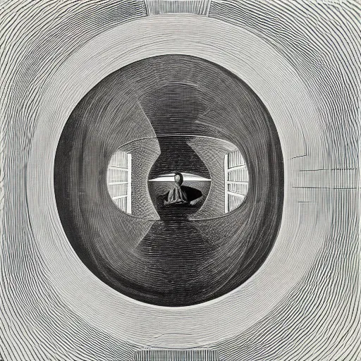 Image similar to self portrait of an AI staring into a metal sphere mirror by MC Escher, lithograph