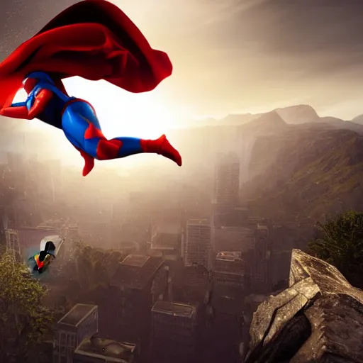 Image similar to a flying superhero rescuing a falling child. photorealistic. realism. 4 k wideshot. cinematic. unreal engine. artgerm.