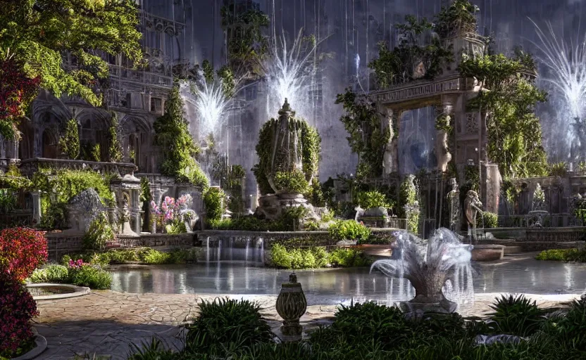 Image similar to A beautiful garden, next to a fountain and a mystical palace, hyperrealistic mixed media, stunning 3d render inspired art by P. Craig Russell and Barry Windsor-Smith + perfect facial symmetry + dim volumetric lighting, 8k octane beautifully detailed render, post-processing, extremely hyperdetailed, intricate futuristic mechanic parts, epic composition, grim yet sparkling atmosphere, cinematic lighting + masterpiece, trending on artstation