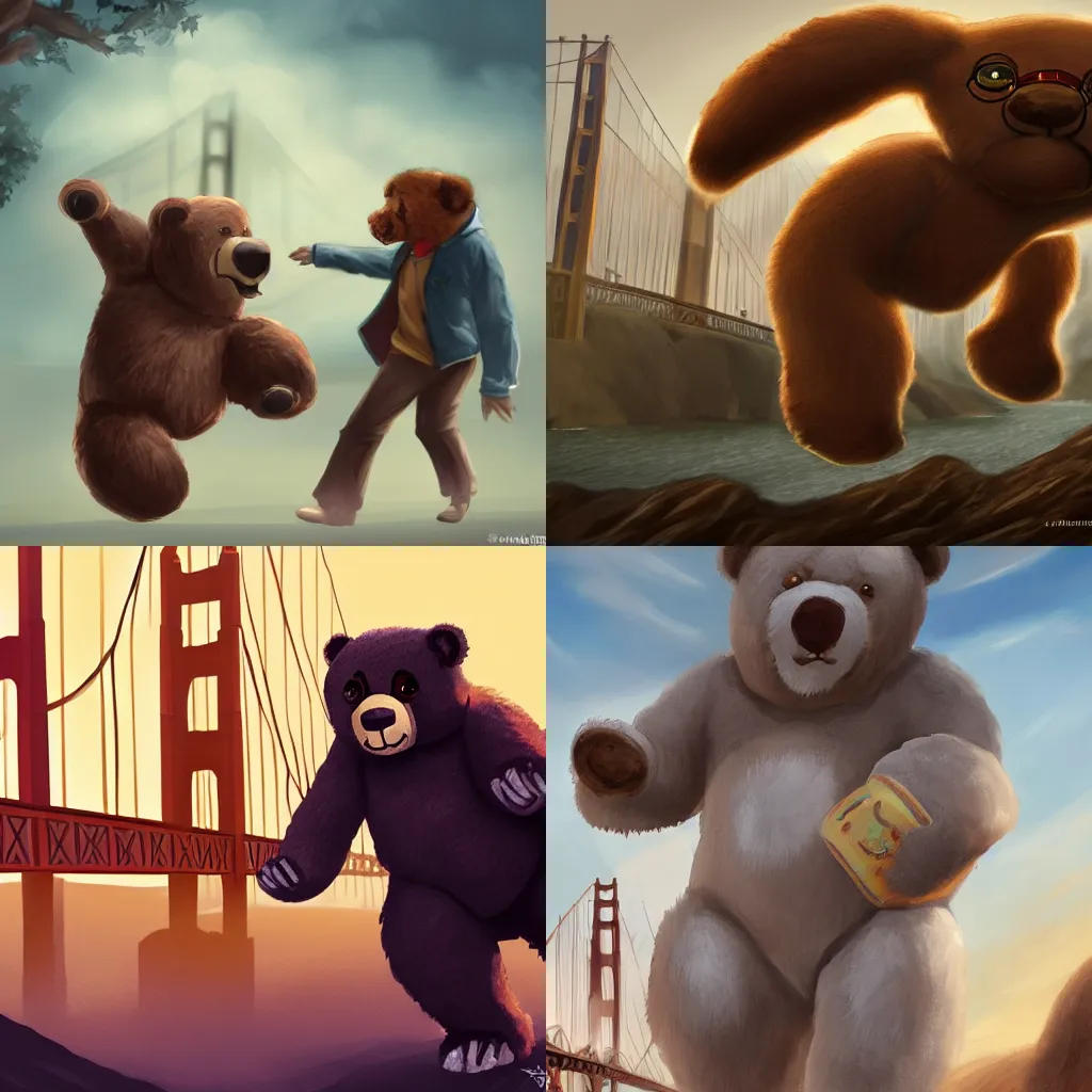 Prompt: harry potter fighting a giant teddy bear near the golden gate bridge. | trending on artstation