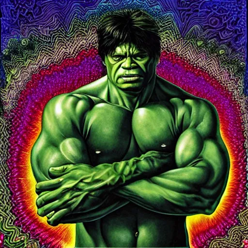 Prompt: the incredible hulk becomes a fractal, painted by alex grey. psychedelic visionary art