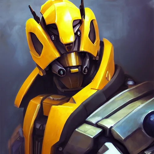 Image similar to greg manchess portrait painting of bumblebee the transformer as overwatch character, medium shot, asymmetrical, profile picture, organic painting, sunny day, matte painting, bold shapes, hard edges, street art, trending on artstation, by huang guangjian, gil elvgren, ruan jia, greg rutkowski, gaston bussiere