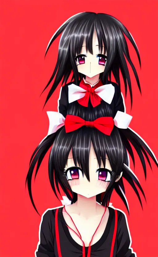 Image similar to anime girl with a detailed face and black hair in a red outfit, full body, bottom half of photo, trending, illustration