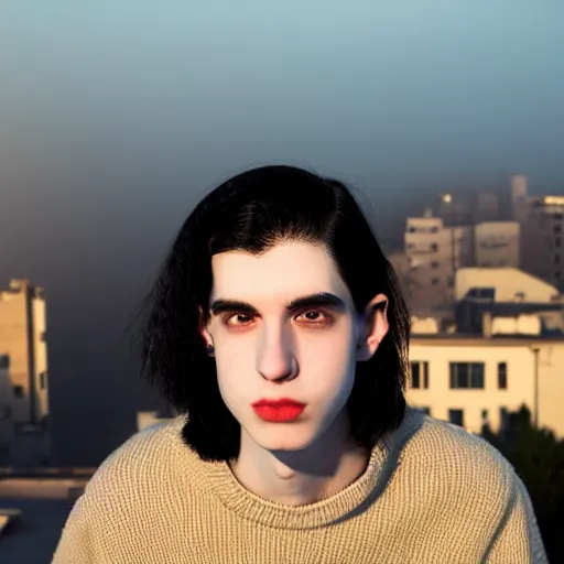 Prompt: un ultra high definition studio quality photograph portrait of a pale young man with black hair standing on the rooftop of an apartment building wearing all eclectic clothes. wide angle. morning. clear. fog. three point light. extremely detailed. golden hour, golden ratio, ray tracing, volumetric light, shallow depth of field.
