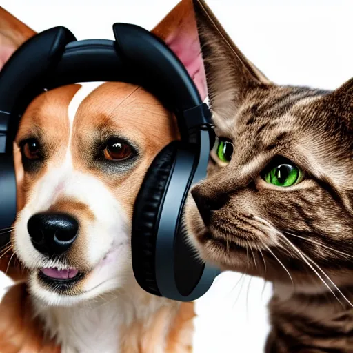 Image similar to a photorealistic dog and cat wearing headphones smiling, 8 k resolution, studio lighting, highly detailed, hyperrealism, realistic