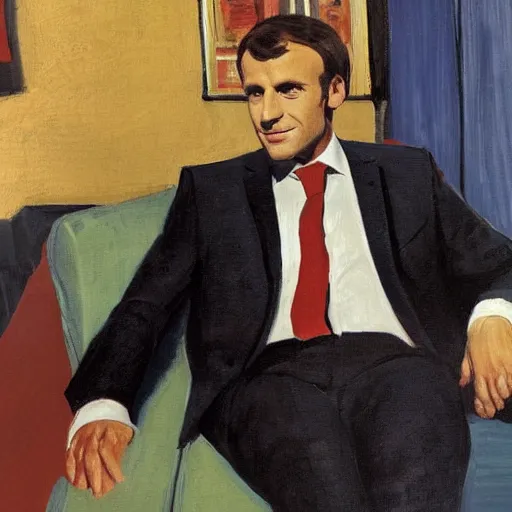 Image similar to emmanuel macron posing on a sofa, 1 9 7 0 living room, oil on canvas, by david hockney, bouguereau