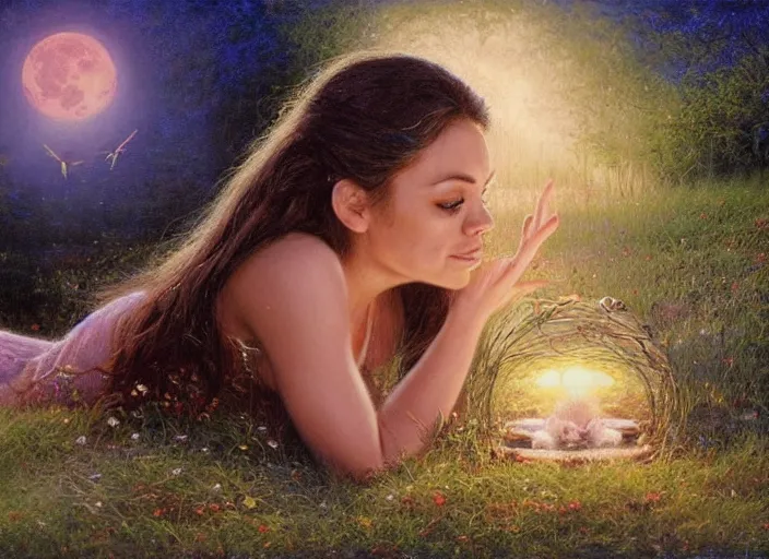 Image similar to Mila Kunis staring into the camera singing a lullaby, fireflies, full moon, Lilia Alvarado, Sophie Anderson, Mark Arian, Bob Byerley, Charlie Bowater, Mark Brooks, Steve Henderson, Justin Gerard, Arthur Hughes, Edward Robert Hughes, Mark Keathley, Victor Nizovtsev, Carlos Shwabe, Ross Tran, WLOP