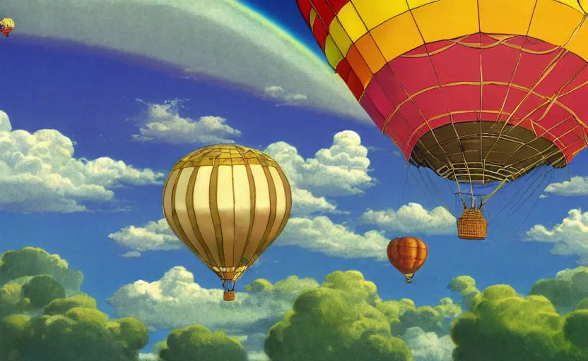 Prompt: a single steampunk hot air balloon flying through the sky with fluffy white clouds and a double rainbow, detailed digital concept art, 4 k movie still, by studio ghibli and winsor mccay