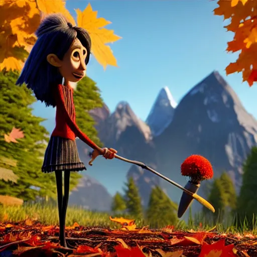 Image similar to a stopmotion animation character, a beautiful canadian woman, gardening, very attractive, some dark grey hair, stripey pants, canadian maple leaves, mountains, autumn, unreal engine 5, 8 k, kubo and the two strings, jan svankmayer, disney, pixar,